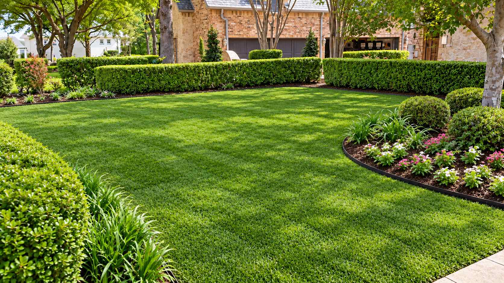 The same front yard after: a full, even sod lawn