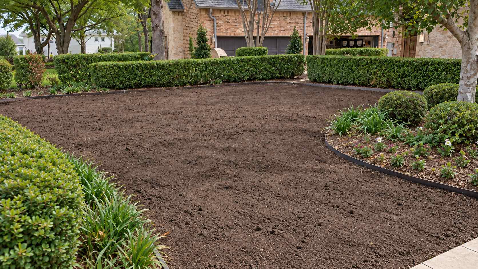 Front yard before: bare graded soil between the hedges and planting beds