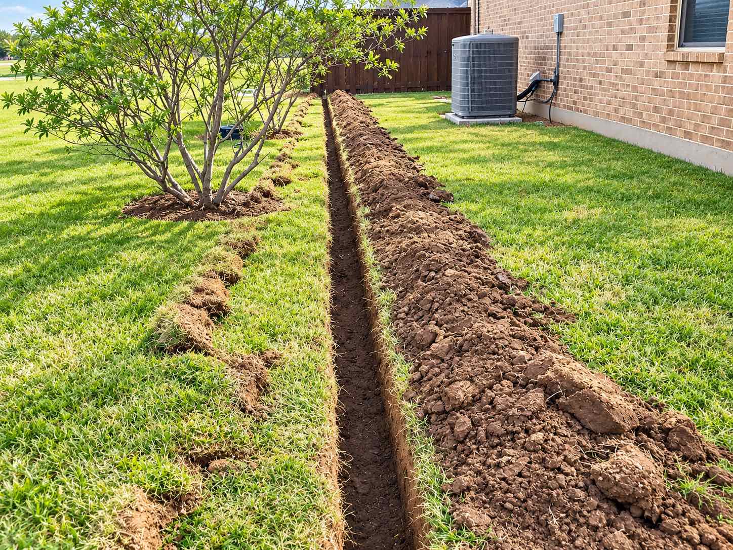 Irrigation line trench cut cleanly through a lawn beside a brick home