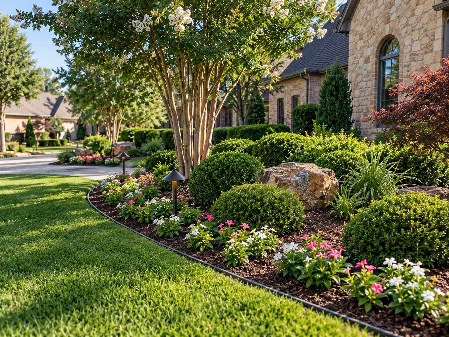 Curved plant bed with crape myrtle, boxwoods, boulders and flowering vinca along a fresh lawn