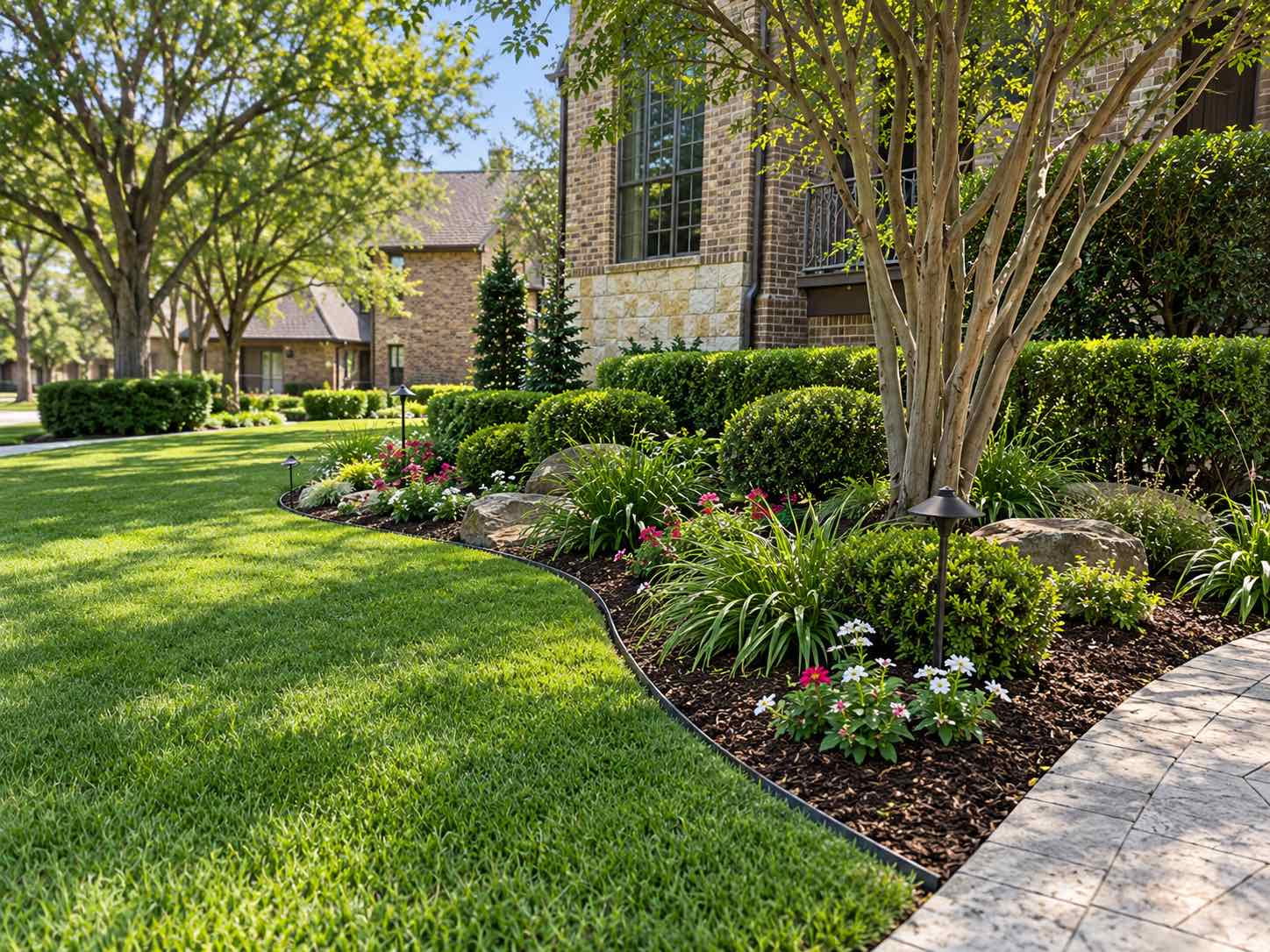 Multi-trunk crape myrtle in a planted bed beside a brick home