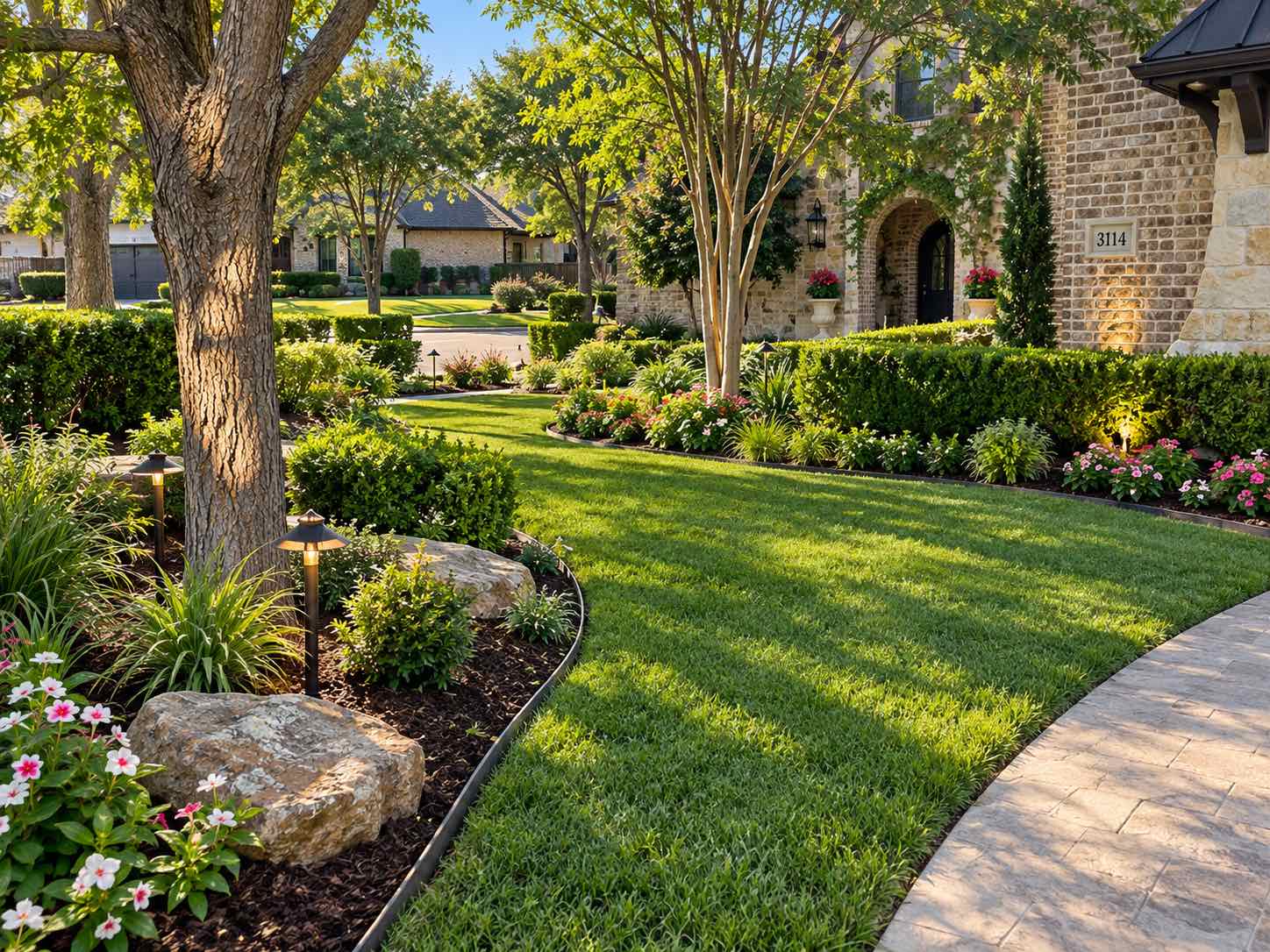 Front yard with a curved lawn, stone boulders, path lights and planted beds leading to a stone home