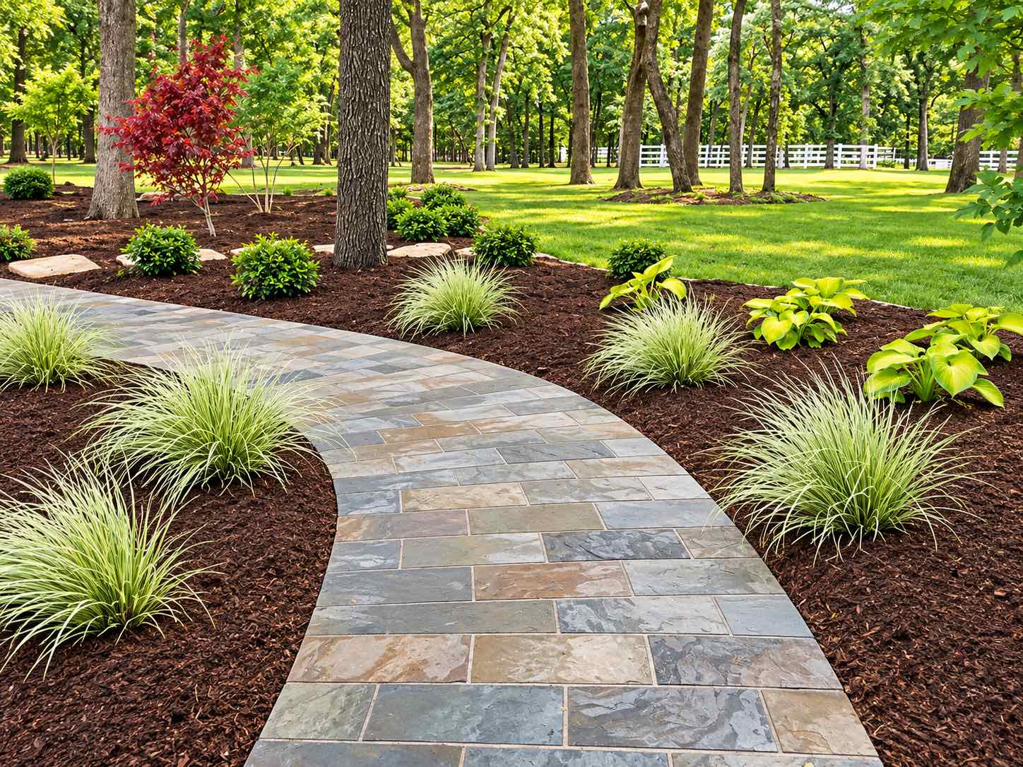Flagstone walkway curving through mulched beds of ornamental grasses and hostas