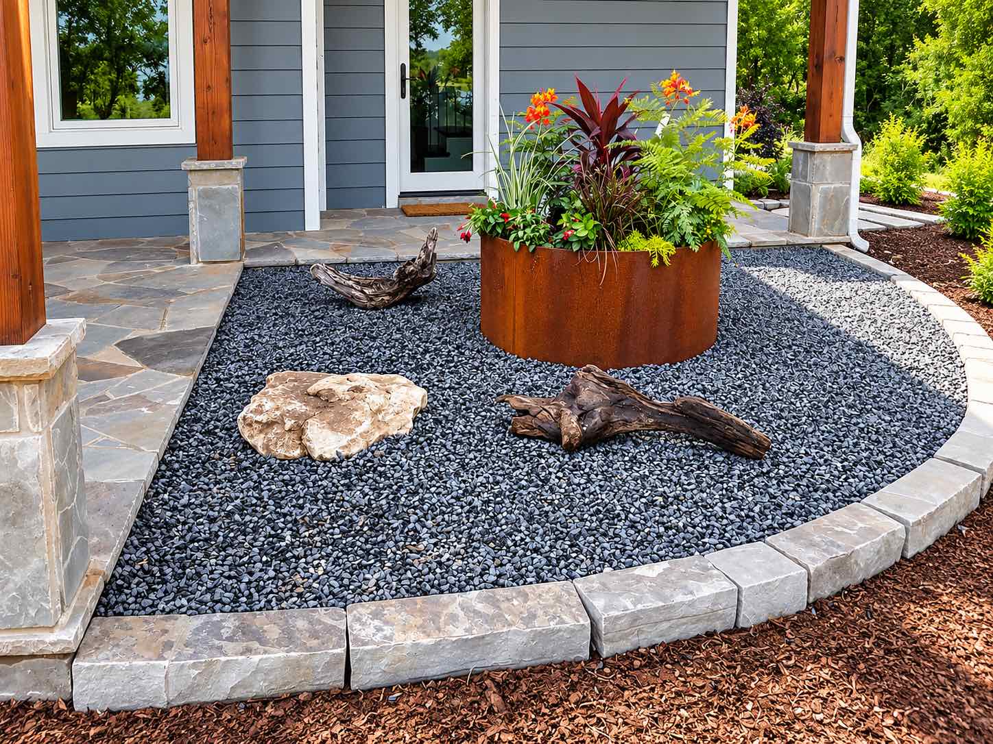 Black gravel bed with a steel planter, driftwood and a cut stone border by a porch