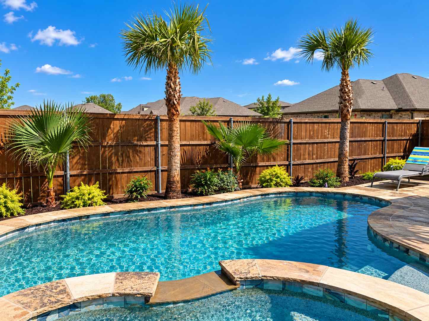 Backyard pool framed by palms and fence-line plantings