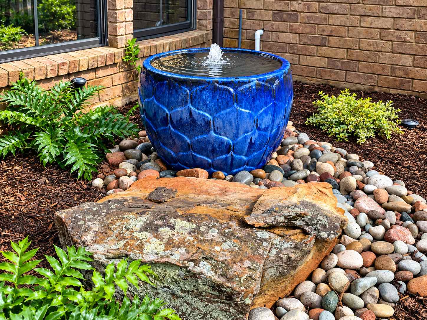 Blue ceramic fountain in a river rock bed with ferns and boulders