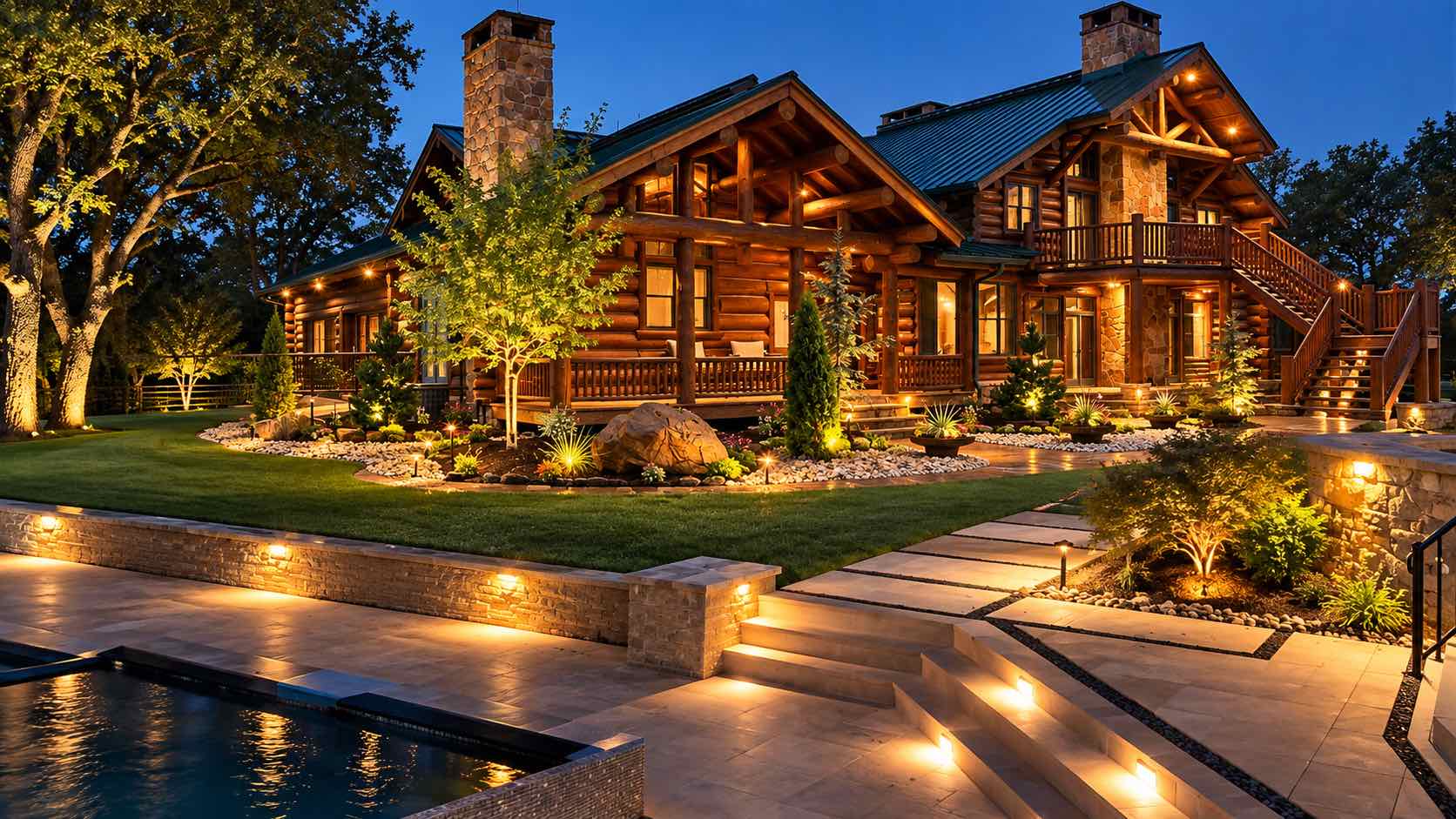 Log ranch home at dusk with lit walkways, stone walls, planted beds and a fresh lawn
