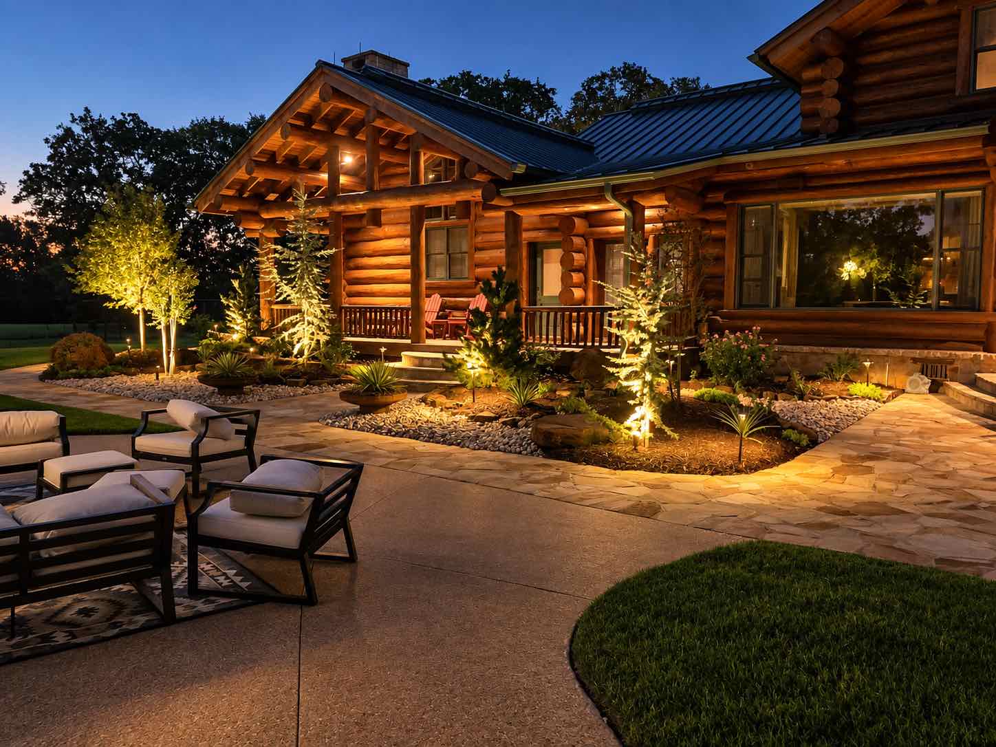 Log home patio at dusk with uplit trees, lit planting beds and outdoor seating